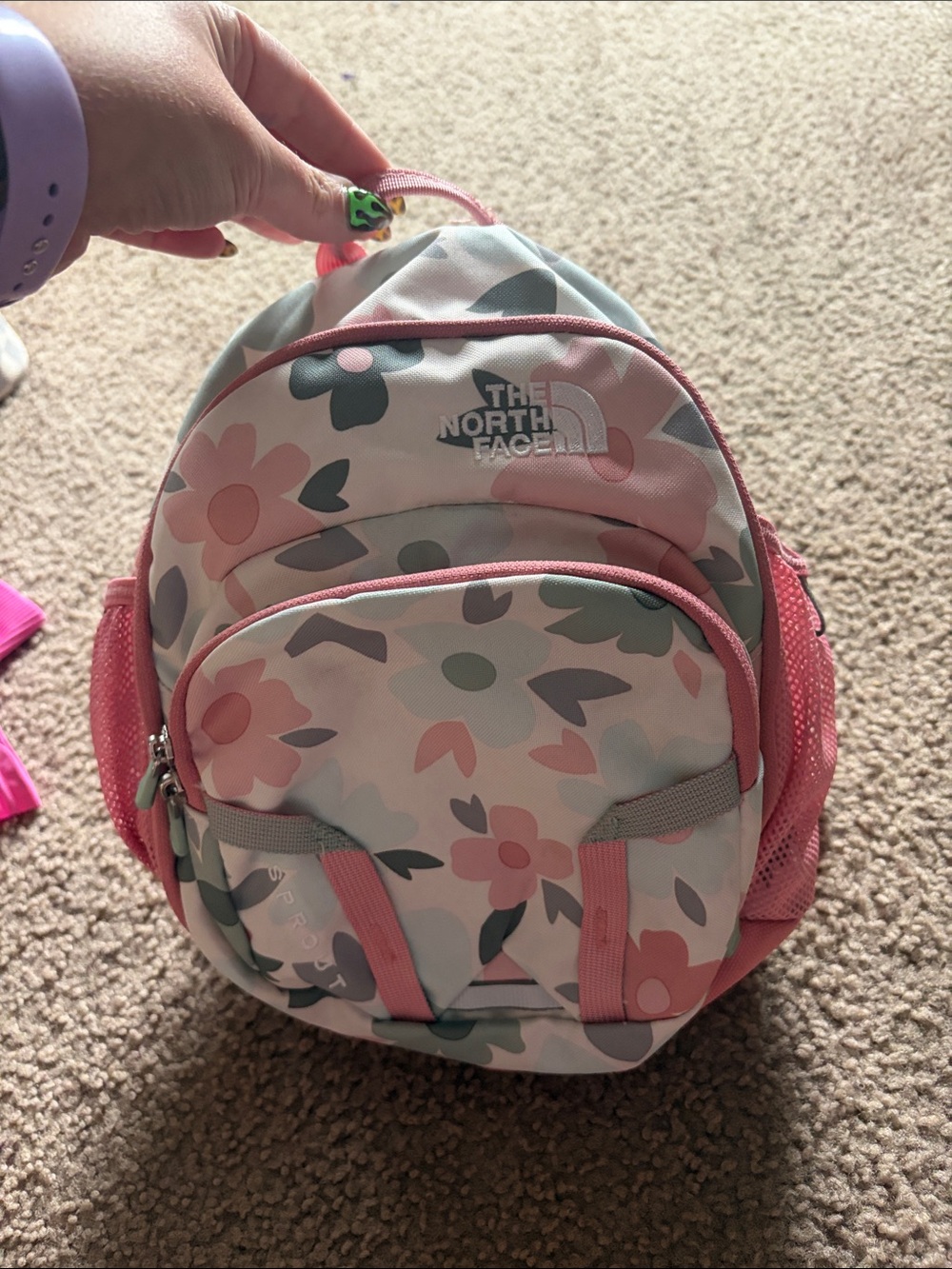 B2 The North Face Kids Sprout Floral Pink and Gray Backpack, see all pics